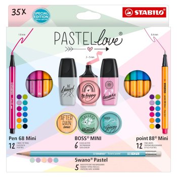 STABILO PASTEL love komplekts/12 Pen 68 Mini + 12 Point 88 Mini + 6 BOSS Mini + 5 Swano Pastel