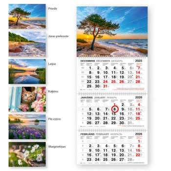 Trīsdaļīgais kalendārs 2026 ar trim spirālēm