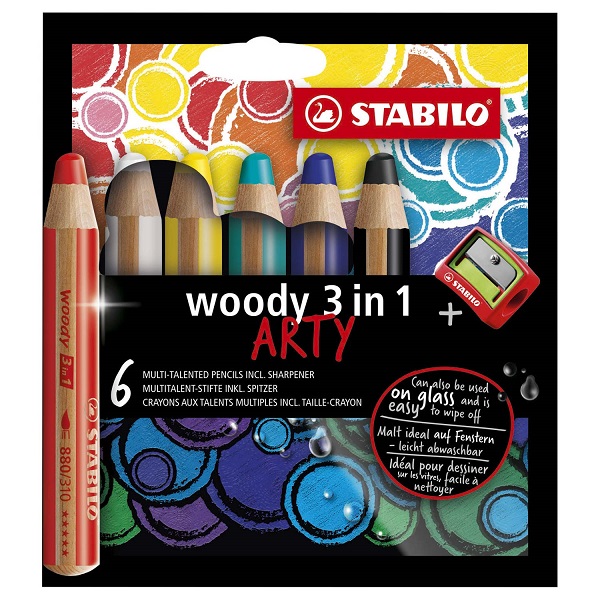 Krāsainie zīmuļi STABILO WOODY 3 in1 | 6 krāsas+ zīmuļasināmais ARTY