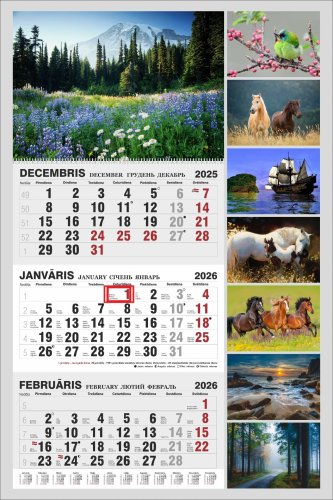 Trīsdaļīgais kalendārs 2026. ar trīs spirālēm