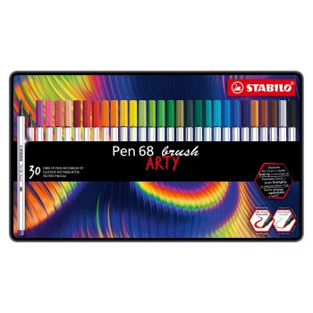 Pildspalvu komplekts STABILO Pen 68 Brush ARTY | 30 krāsas metāla kastītē